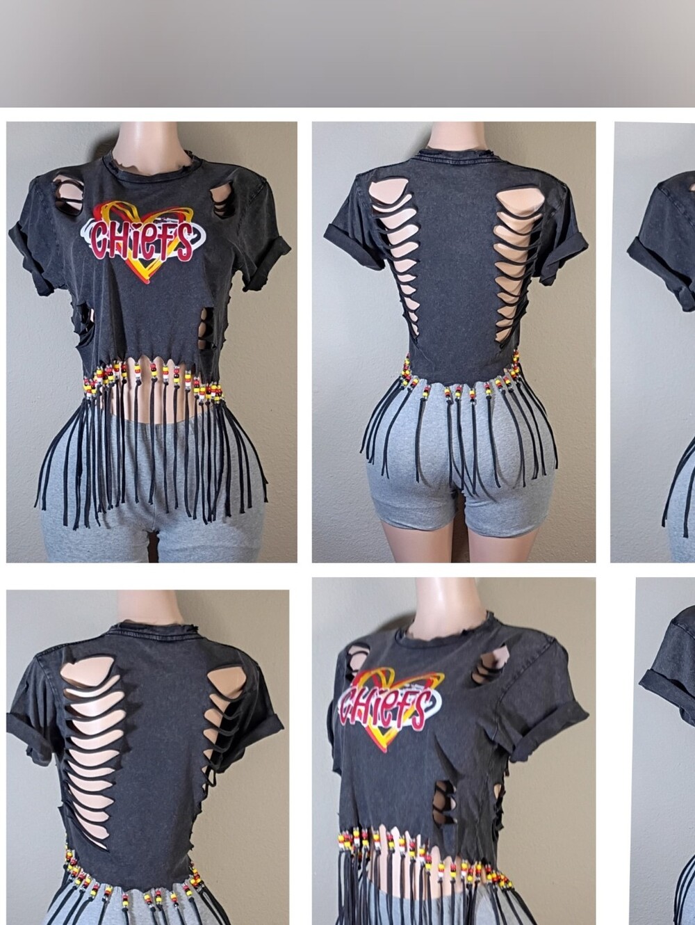 Women's KC Chiefs Graphic Fringe Cutout Tee - Black